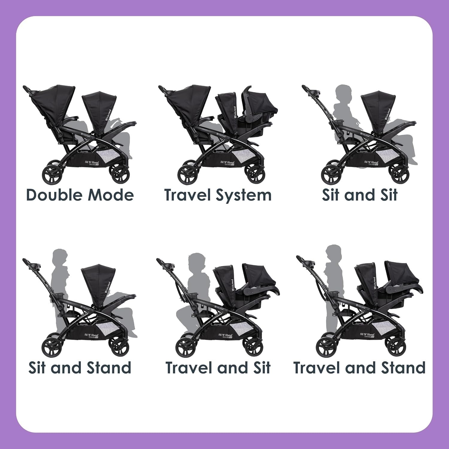 Sit N Stand Double Stroller Dash Grey Foldable Lightweight Travel Friendly