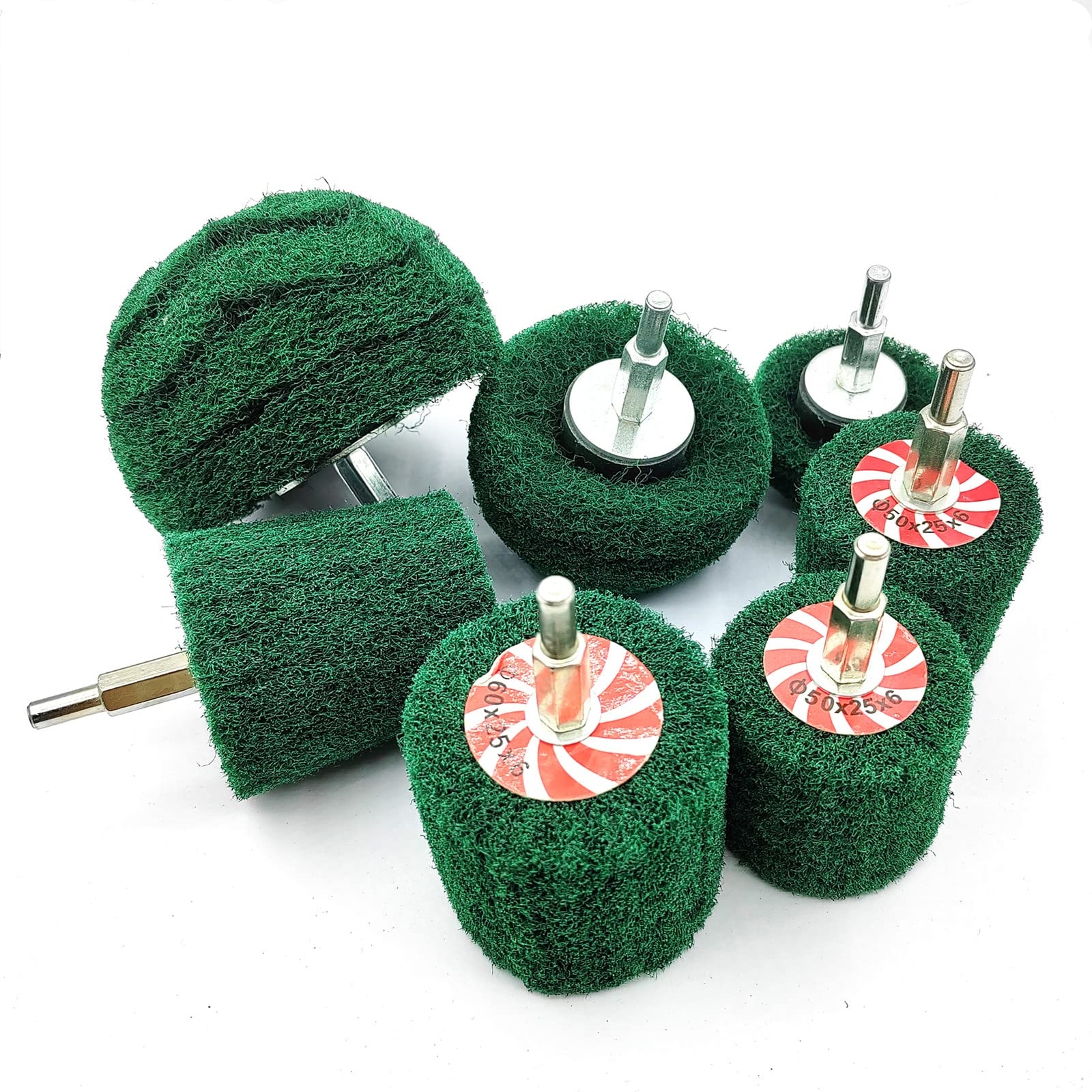 7 Pcs Green Abrasive Buffing Wheels With 1/4" Shank Non Woven Buffing Wheels Dri