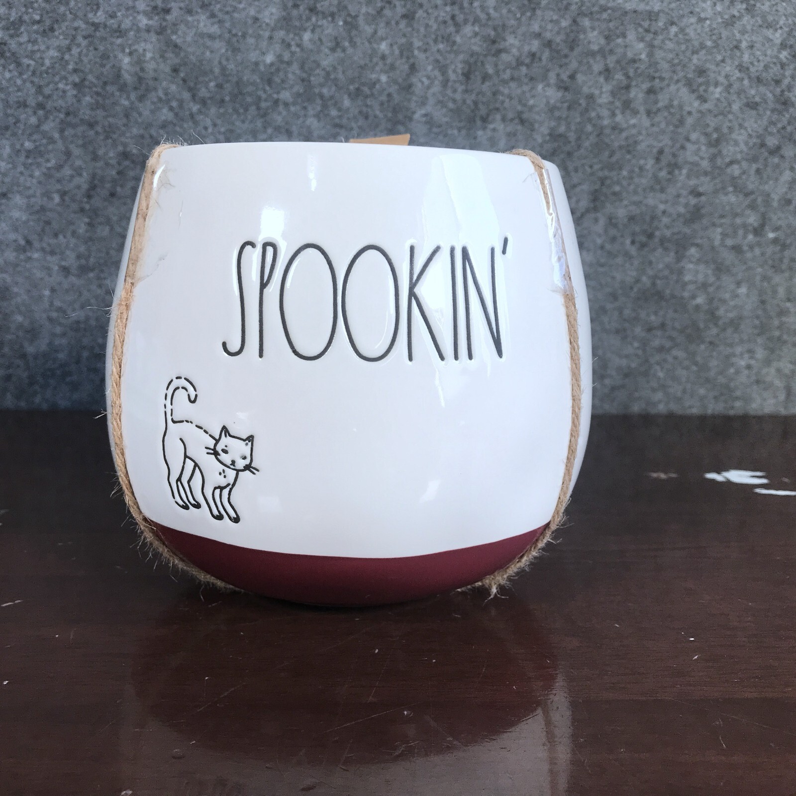 NWT Rae Dunn Spookin' Cat Halloween Planter Flower Pot Candy Bowl White Maroon