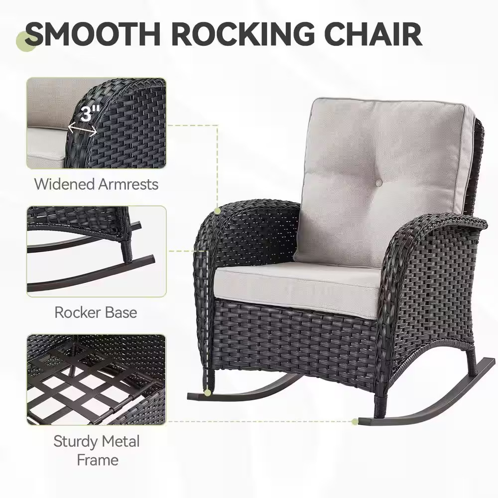 Sleekarm Black 3-Piece Wicker Outdoor Rocking Chair with Beige Cushions and Side