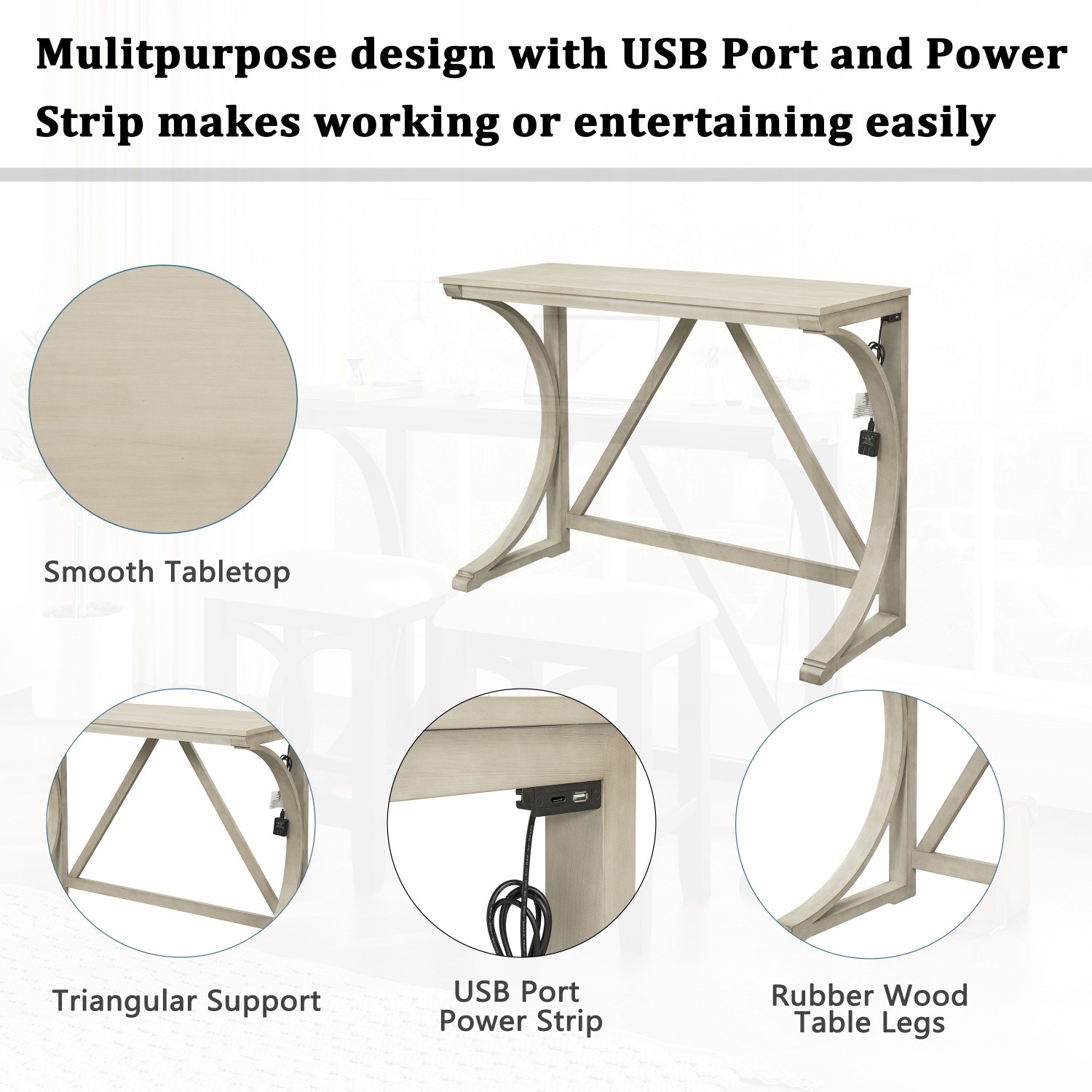 Rustic 3 Piece Counter Height Table Set Small Spaces w/ 2 Bar Stools & USB Port