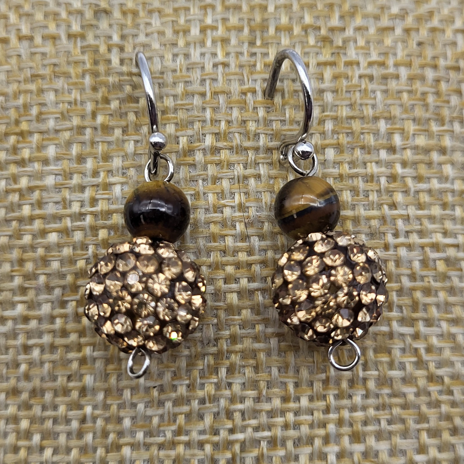 Fab Sterling Silver Earrings Tiger eye & crystal rhinestone dangle pierced Sexy