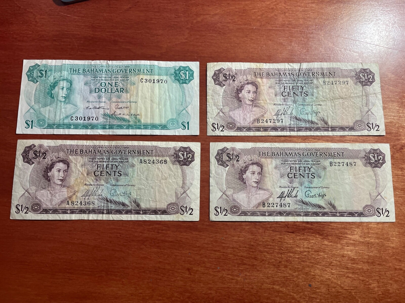 3 x 1965 Bahamas 1/2 Dollar, 50 Cents, + 1  $1  1965 QEII, Elizabeth II