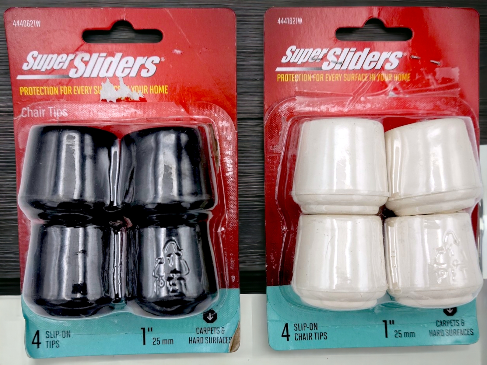 Black & White Rubber Slip-On Chair Tips 1" for Carpets & Hard Surfaces - 8 Pack