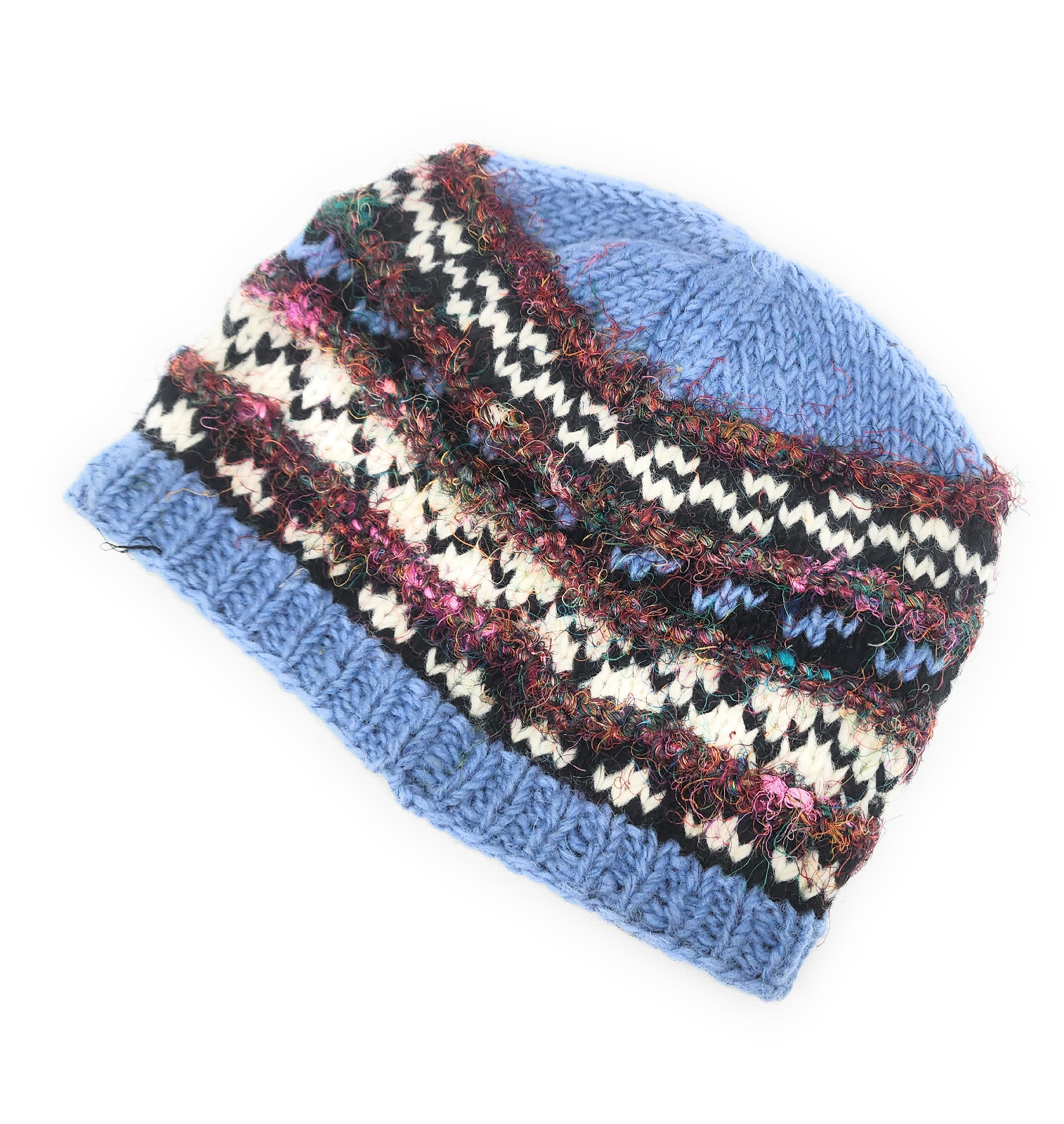 Hand Knit Wool & Recycled Silk Beanie Hat Fleece Lined Made in Nepal