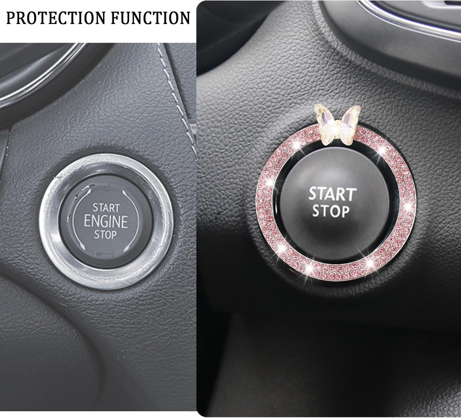 2PCS Car Engine Push Start Button Cover Decoration Ring,Bling Butterfly Push to