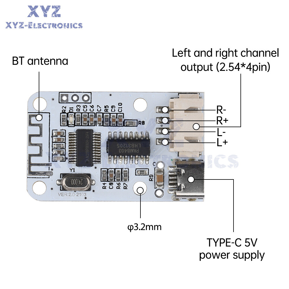 Type-C PAM8403 Bluetooth 5.0 3W+3W Stereo Audio Module Digital Amplifier Board