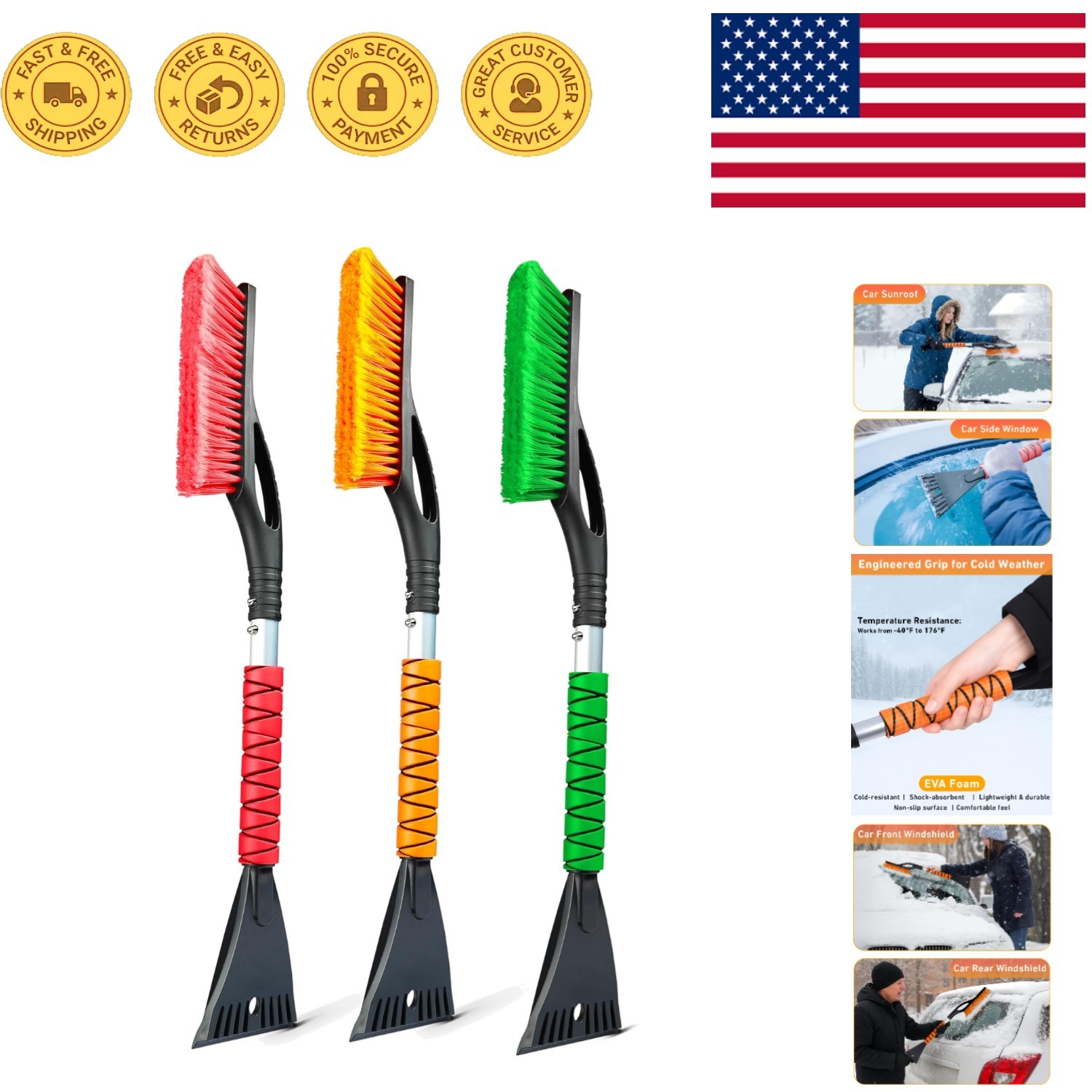 Compact 27" Snow Brush & Ice Scraper Set - Perfect Winter Accessories - 3 Colors