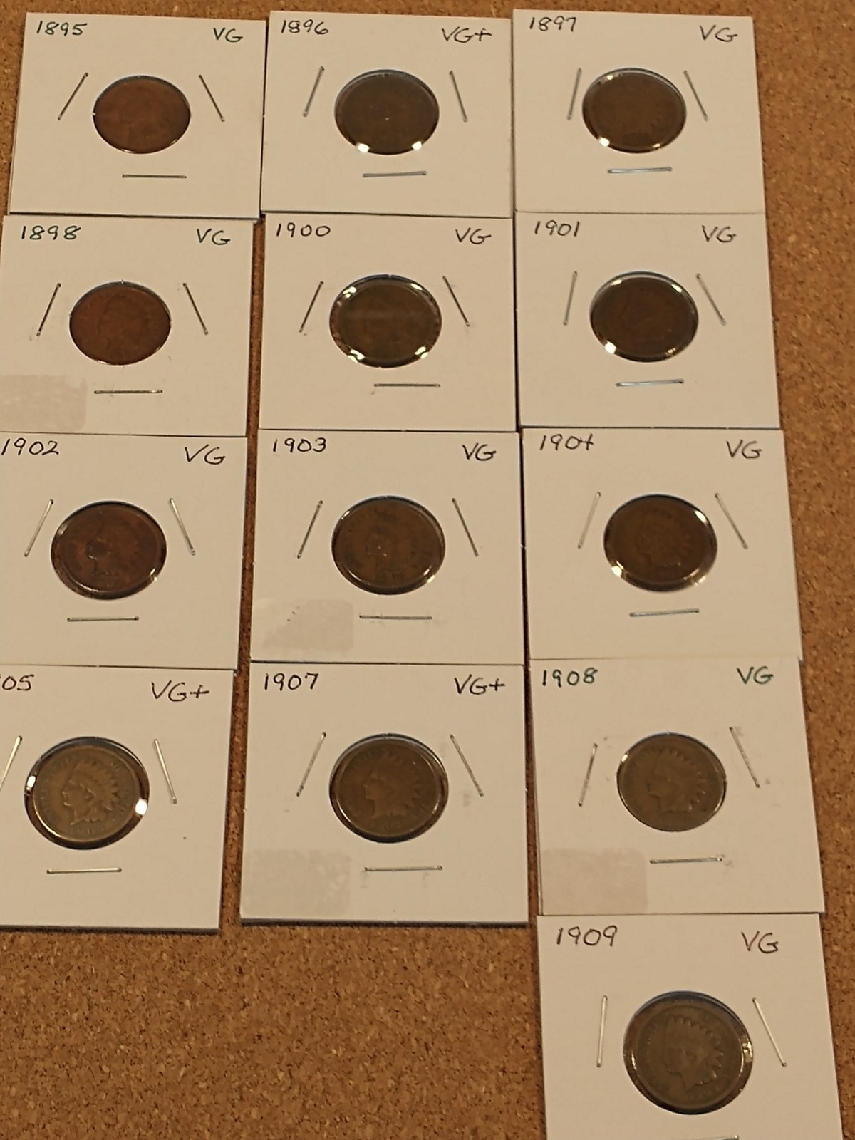 13 Different Indian Cents, 1895-1909 VG/VG+ Condition