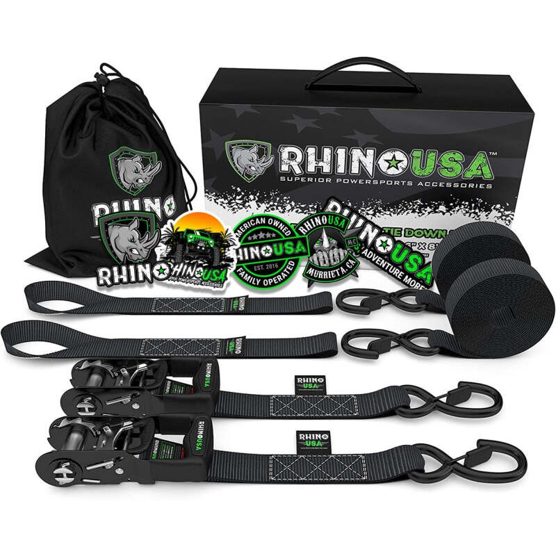 Rhino USA Heavy Duty Ratchet Tie-Downs For 2-Pack, 1.6 In X 8 Ft, Black