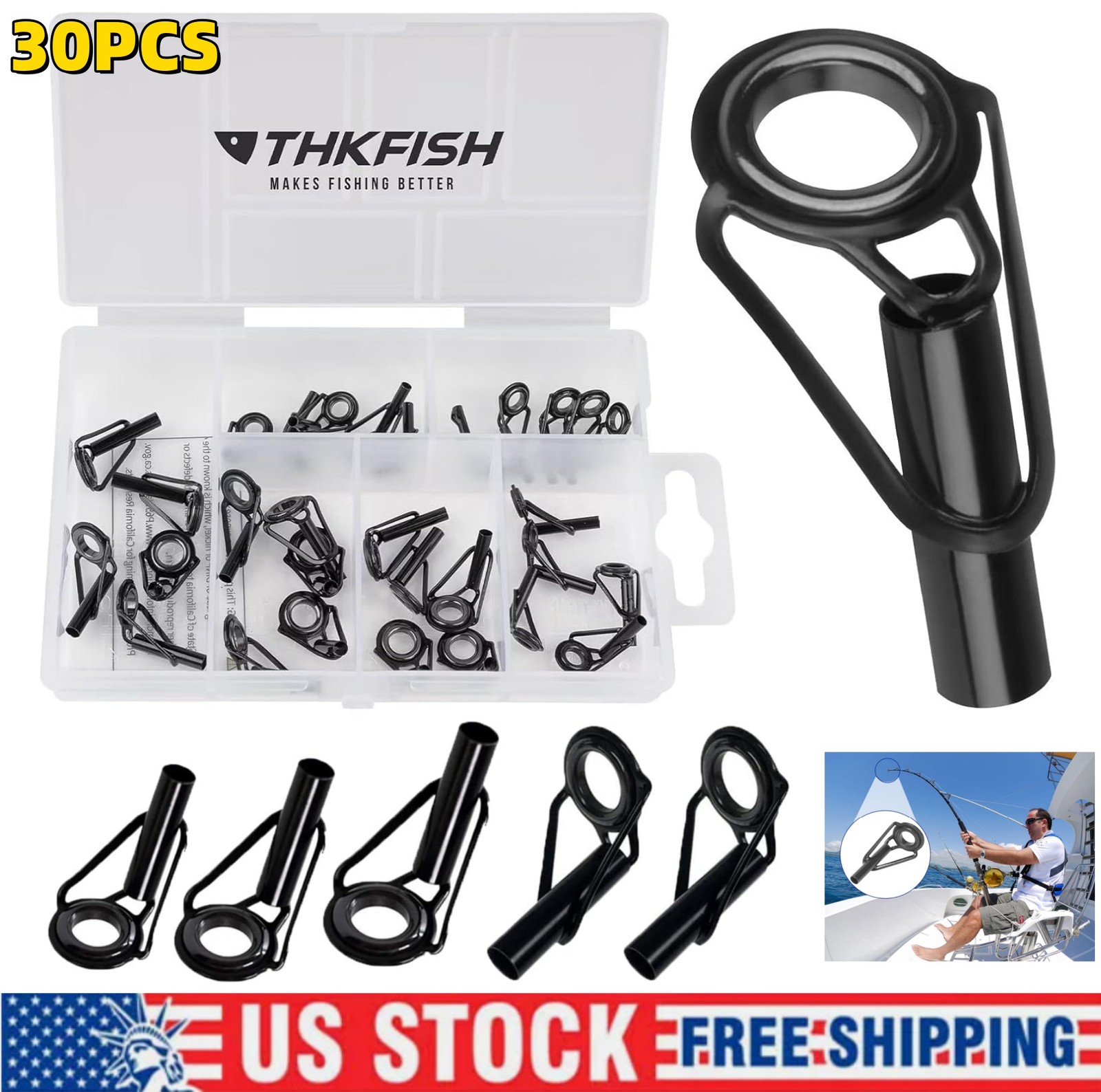 30PC Fishing Rod Tip Repair Kit Stainless Steel Pole Ring Guide Replacement Fish