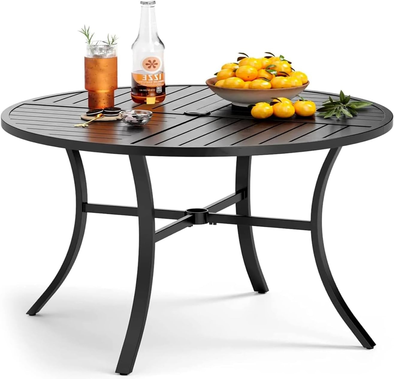 PHI VILLA Outdoor Round Dining Table 42 Inch Black MetalwithUmbrellaHoleforPatio