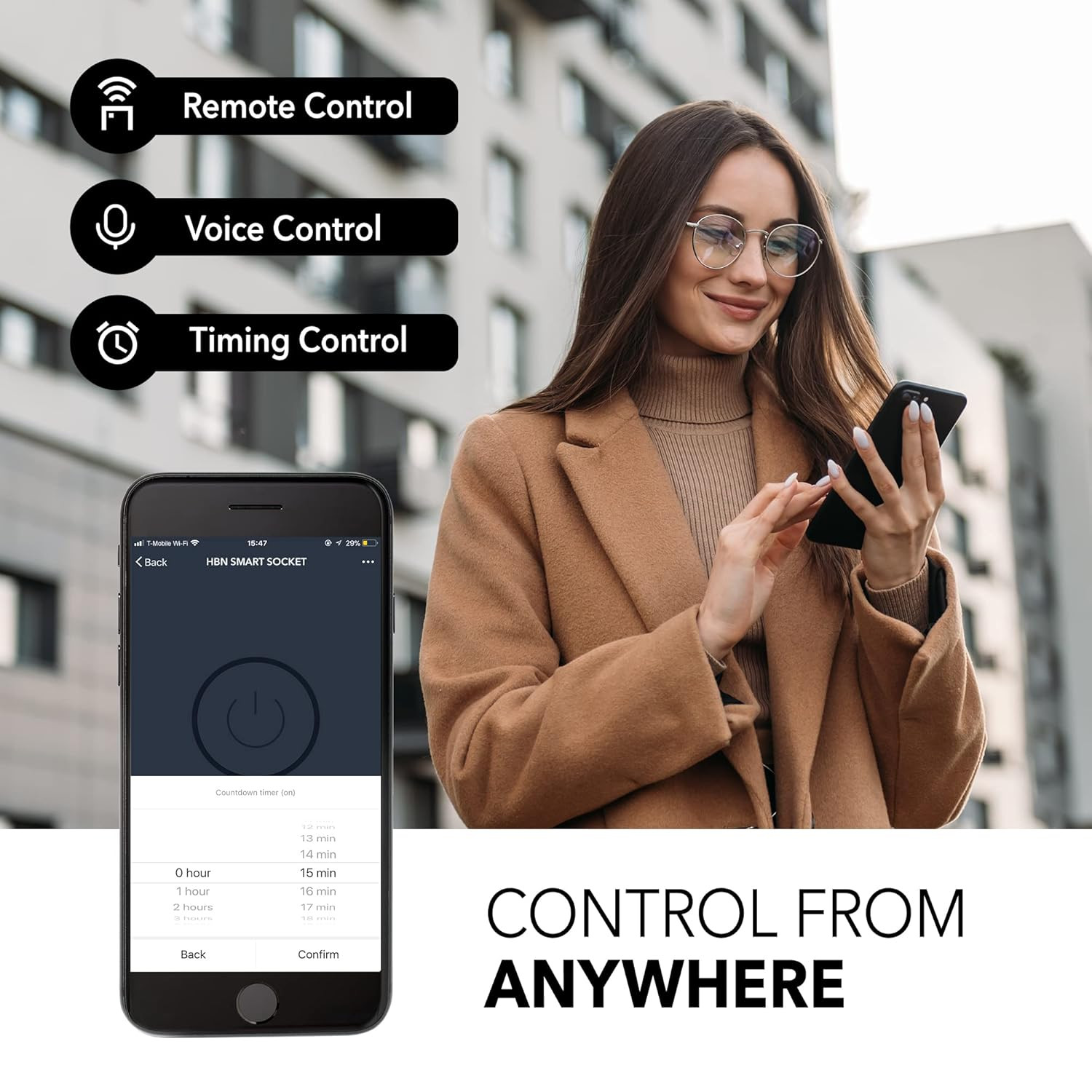 Enchufe inteligente de 15 A, extensor de toma de corriente con WiFi y Bluetooth,