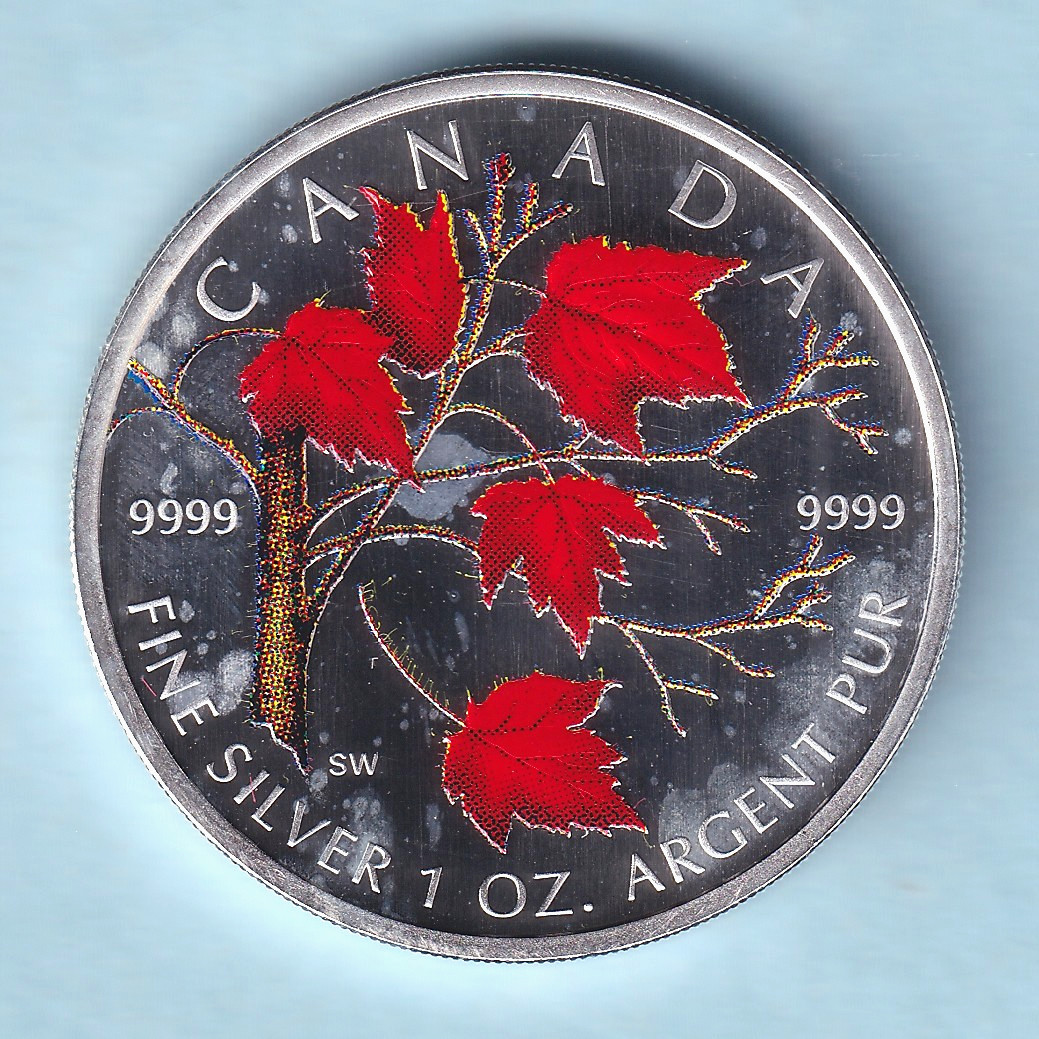 Canada. 2004 1 oz Silver -  Coloured  5 Dollars. Red Leafed Branch.. UNC