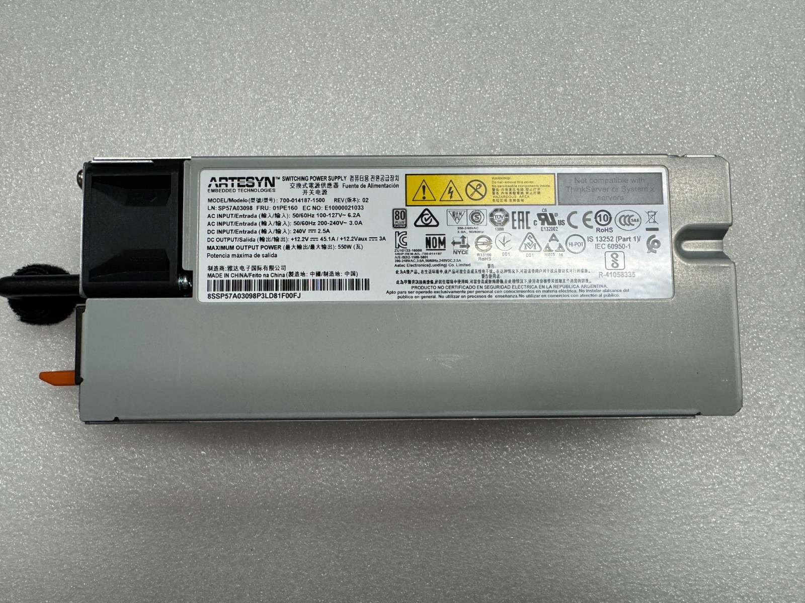 Lenovo Power Supply PSU Artesyn 700-014187-1500 FRU 01PE160 550w SR530 SR630
