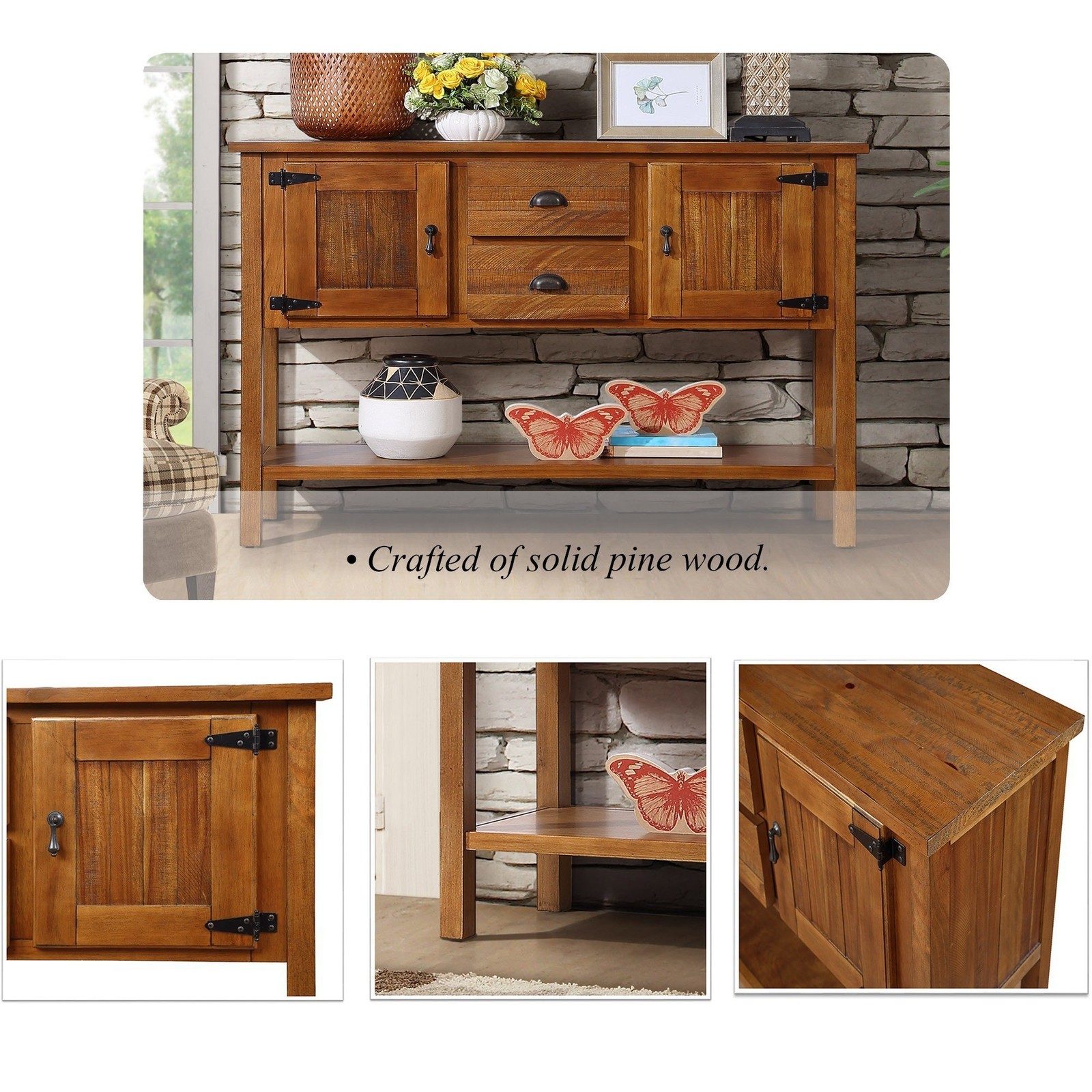 46'' Solid Wood Sideboard Retro Console Table with 2 Drawers & Cabinets