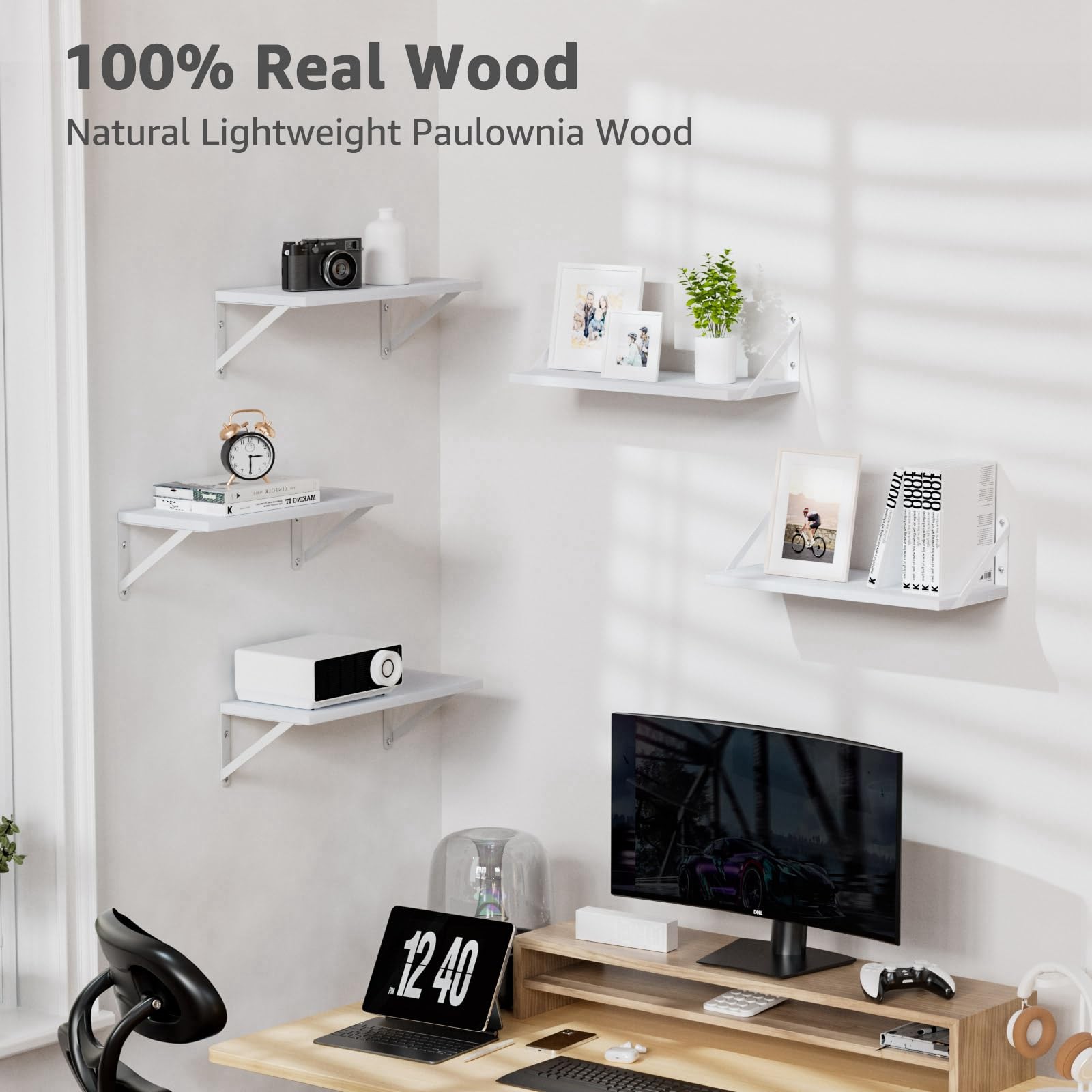 2 Pack White Wall Shelves, 7.3 Deep, Solid Paulownia Wood, Wall Mounted