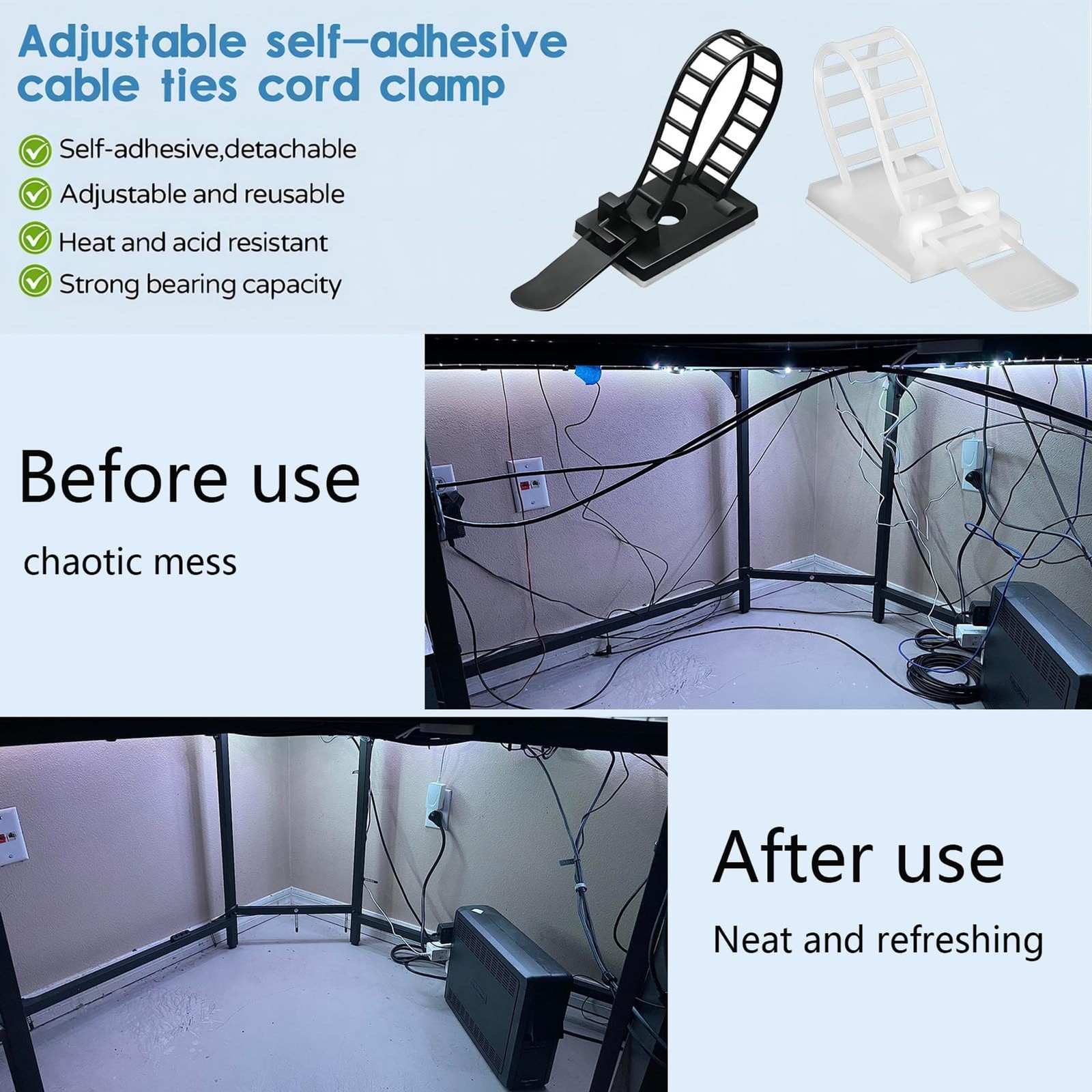 Adjustable Adhesive Cable Management Clips 50Pcs, Large self Adhesive Cable Ties