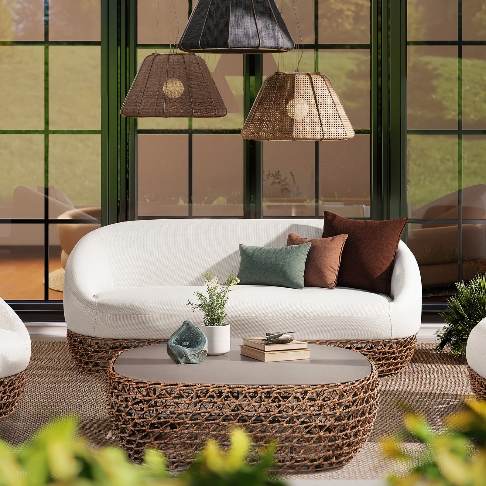 Willow 71" Upholstered Woven Patio Deep Seating Sofa Beige Wicker Frame Olefin