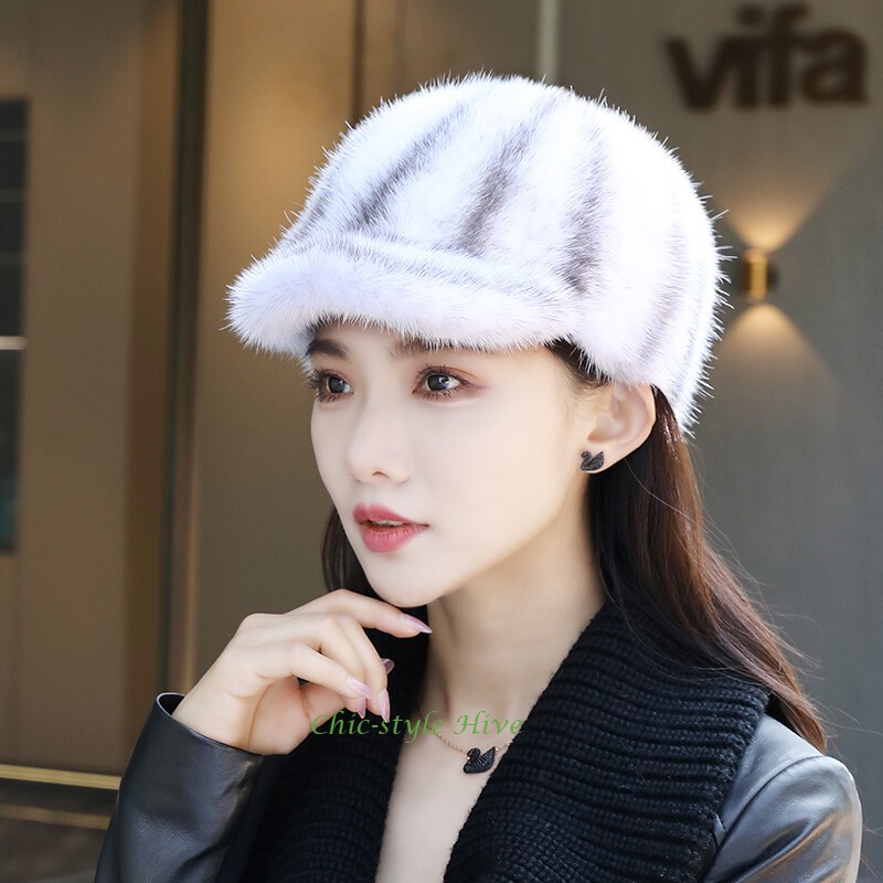 Women's Real Mink Fur Hat Peaked Cap Baseball Cap Warm Princess Headgear Dicer
