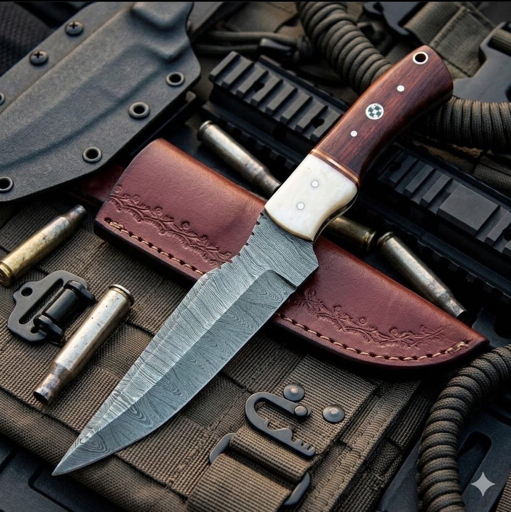 10”  handmade Damascus steel hunting skinning fix blade knife Camel Bone Wood