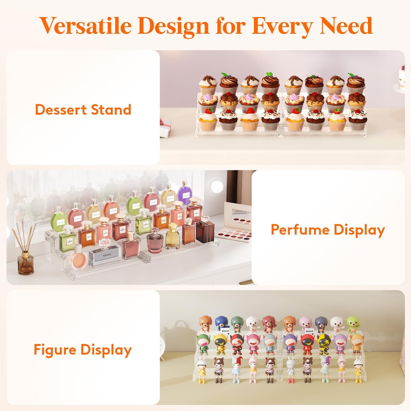 3 Tier 12in Clear Plastic Display Riser Stand Tool Free Assembly Makeup tool