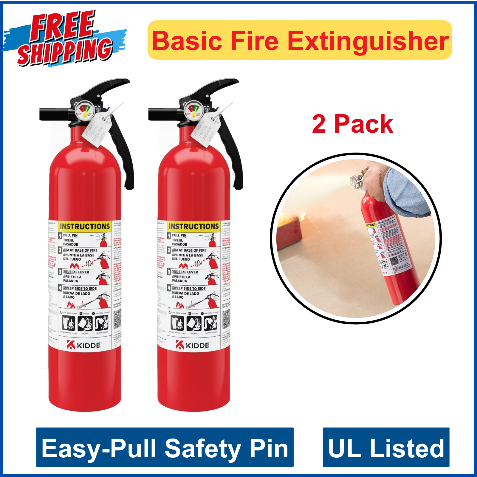 Kidde Basic Fire Extinguisher For Home, Residential 1A10BC, Easy-Pull Safety Pin