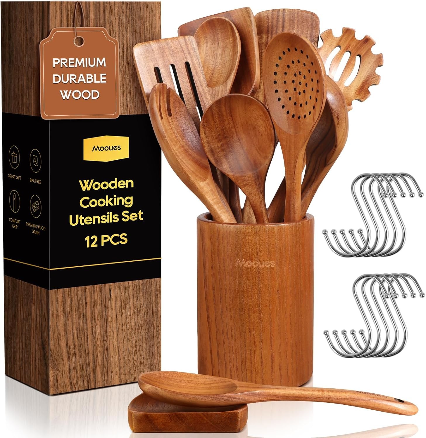 Spoons for Cooking, 12PCS Teak Wooden Kitchen Utensil Set with Spoon Rest