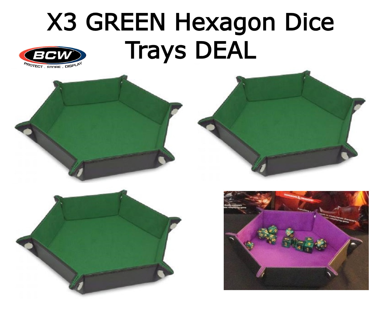X3 BCW Hexagon Dice Green Tray Flat / Foldable & Handy For Pathfinder Games DEAL