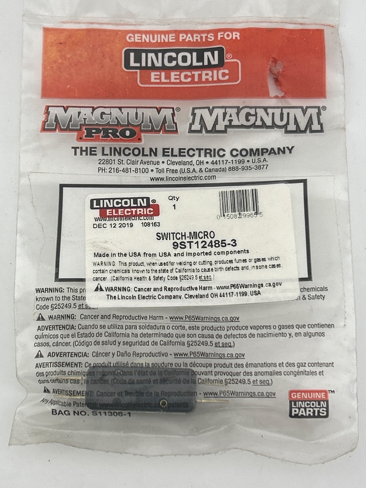 NEW OEM Lincoln Electric  Lincoln SWITCH MICRO - T12485-3 - 9ST12485-3
