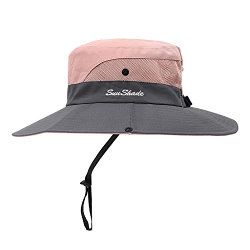Womens Summer Sun Hat Beach Hat Wide Brim Outdoor UV Protection 6-7 Grey+pink