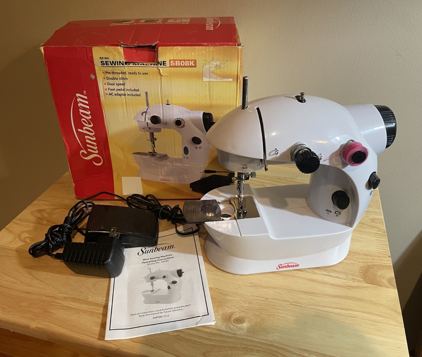 Sunbeam Mini Portable Sewing Machine SB08K with Foot Pedal & AC Adapter