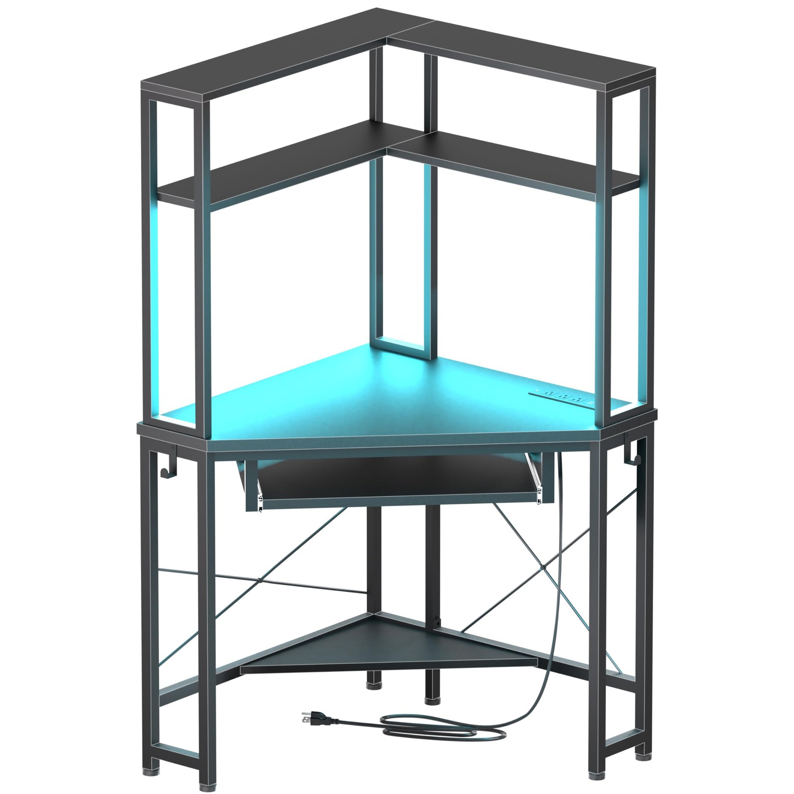 Corner Desk with Hutch and LED Light, Keyboard Tray, Black