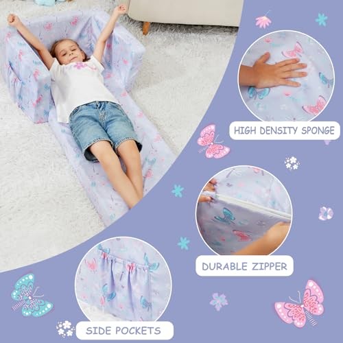 Toddler Chair 2-in-1 Kids Couch Bed Fold Out Convertible Kids Purple Butterfly