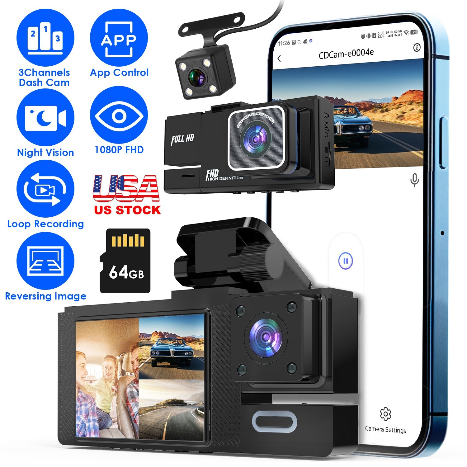 3 Channel Dash Cam Front Rear Inside 1080P HD Night Vision Car Camera+64G SD