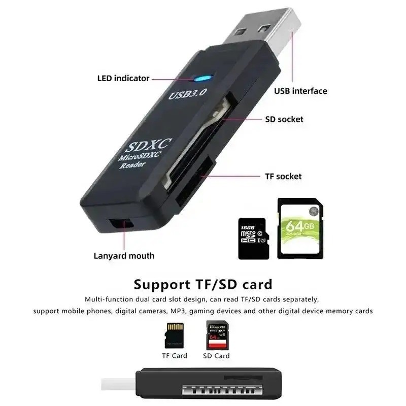 2 in 1 USB 3.0 Card Reader TF Micro SD Memory Card Adapter High Speed PC Lap 2Pc