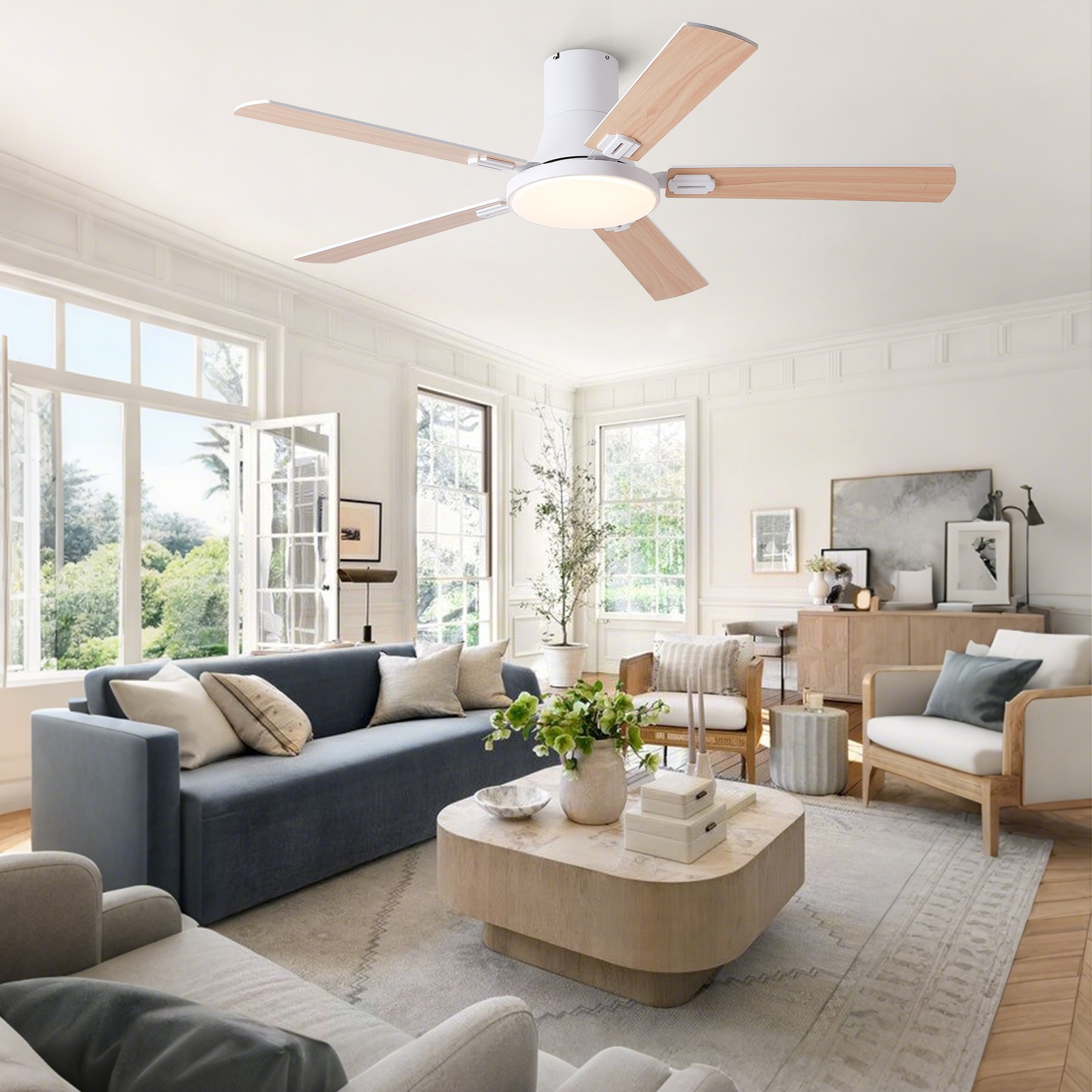 52" White Ceiling Fan with Light and Remote Control, 6-Speed DC Motor