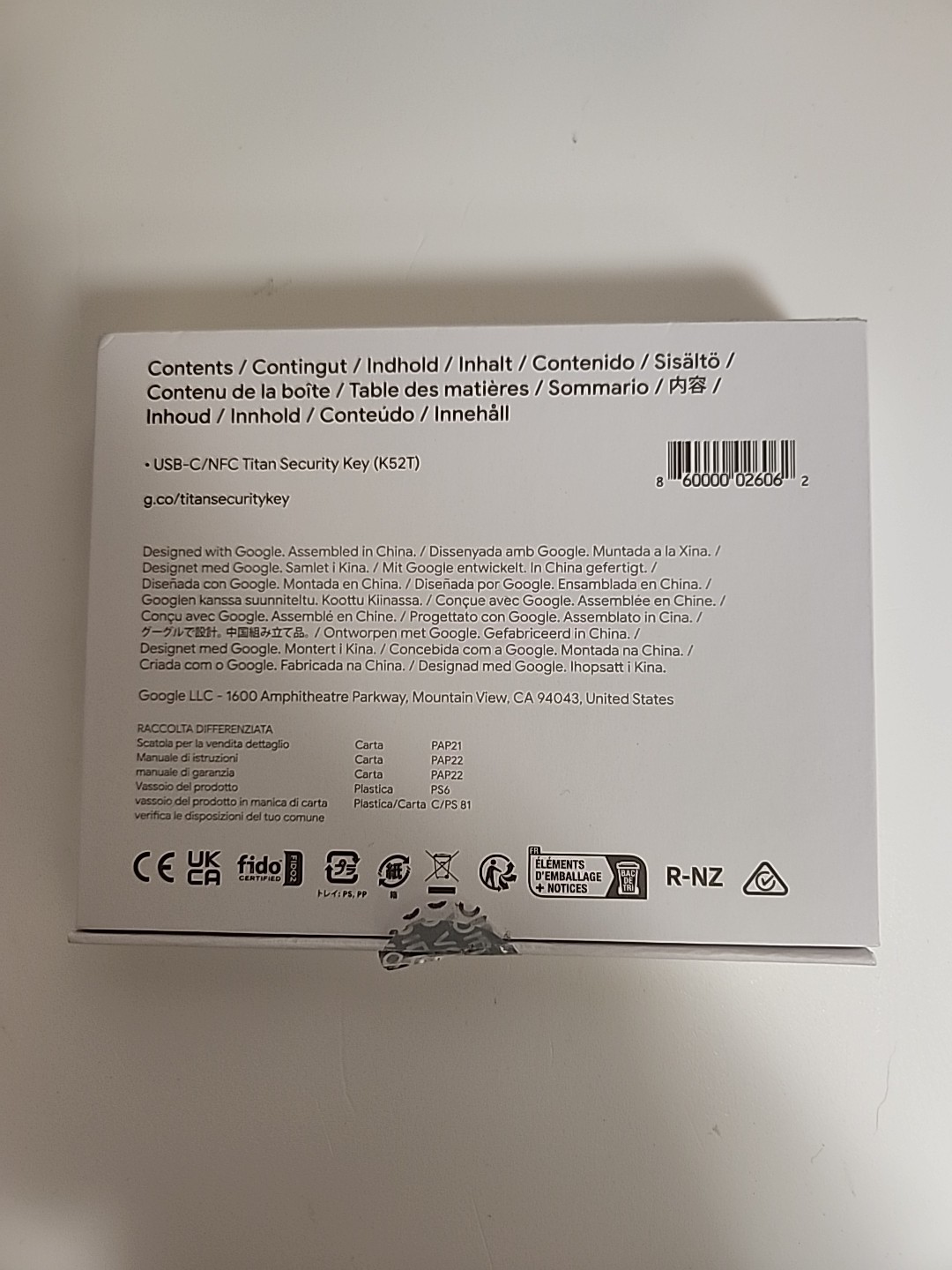 Google Titan Security Key USB-C / NFC Model Number K52T