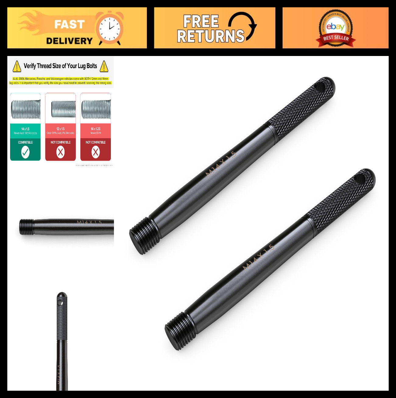 Wheel Hanger Tool M14x1.5, 160mm Length, Black - Pack of 2 for Audi VW Mercedes
