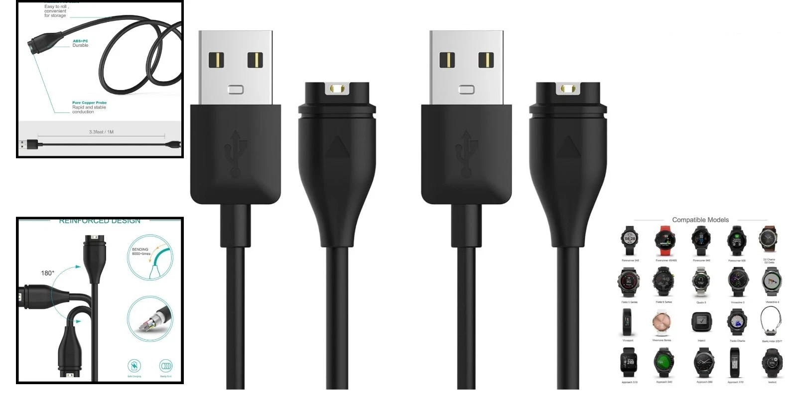 Lightweight USB Charging Cable for Garmin Watches - 1M, Safe & Reliable, 2-Pack