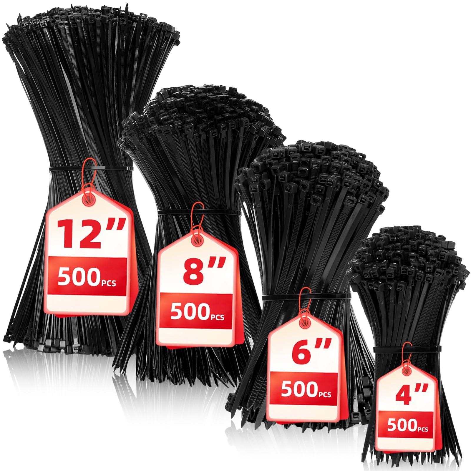 Zip Ties Assorted Sizes 4" 6" 8" 12", 2000PCS Black Nylon Cable Ties