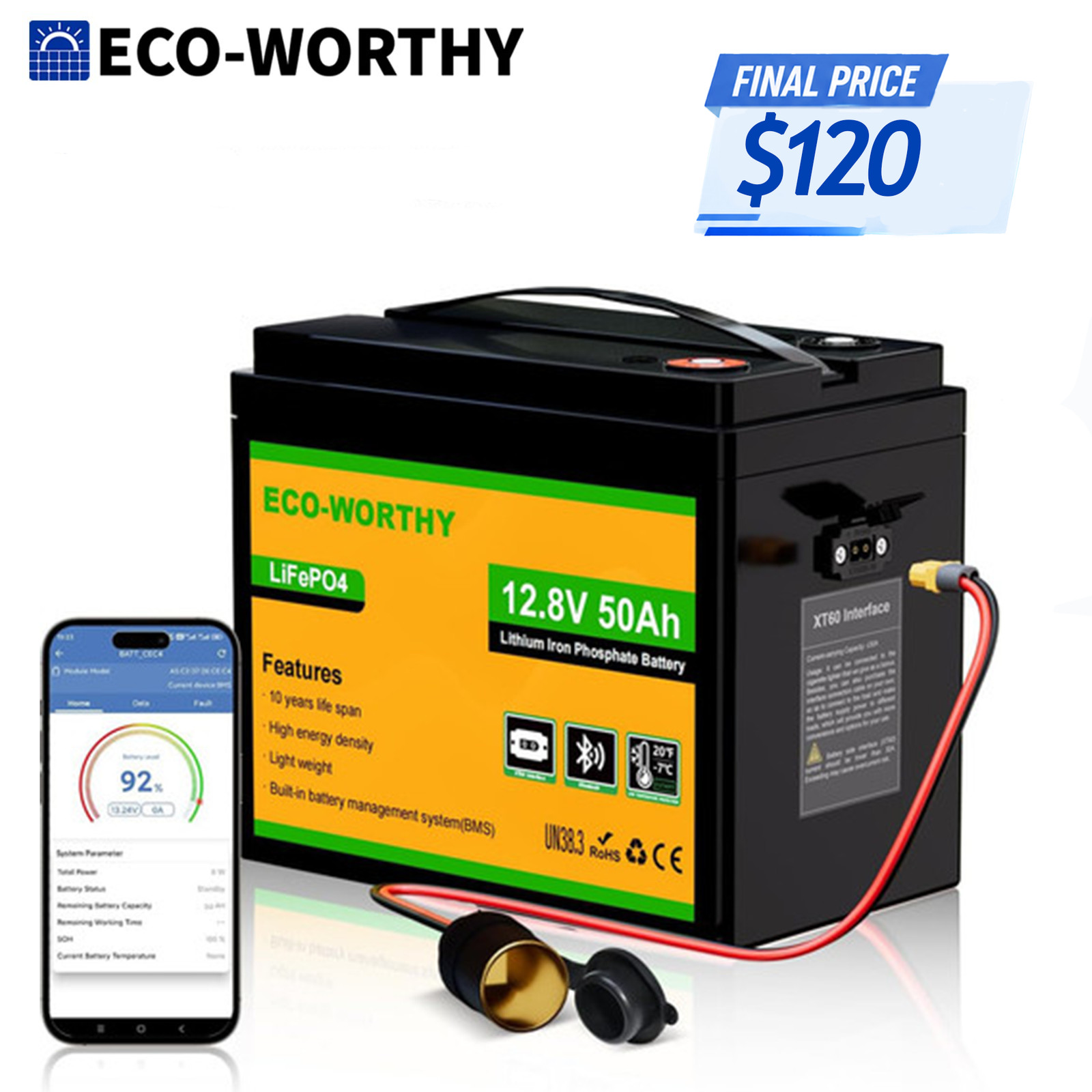 ECO-WORTHY 12V 50Ah LiFePO4 Lithium Battery with XT60 Interface