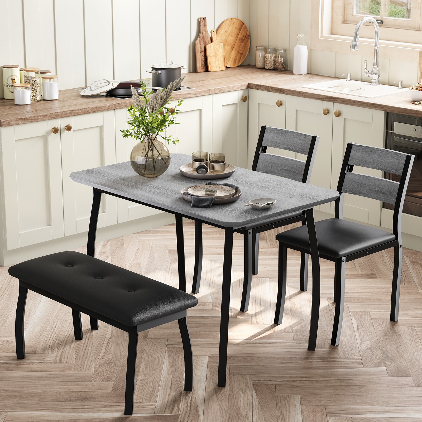 Space-Saving Dining Table Set for 4 Table 1 Upholstered Bench 2 Cushioned Chairs