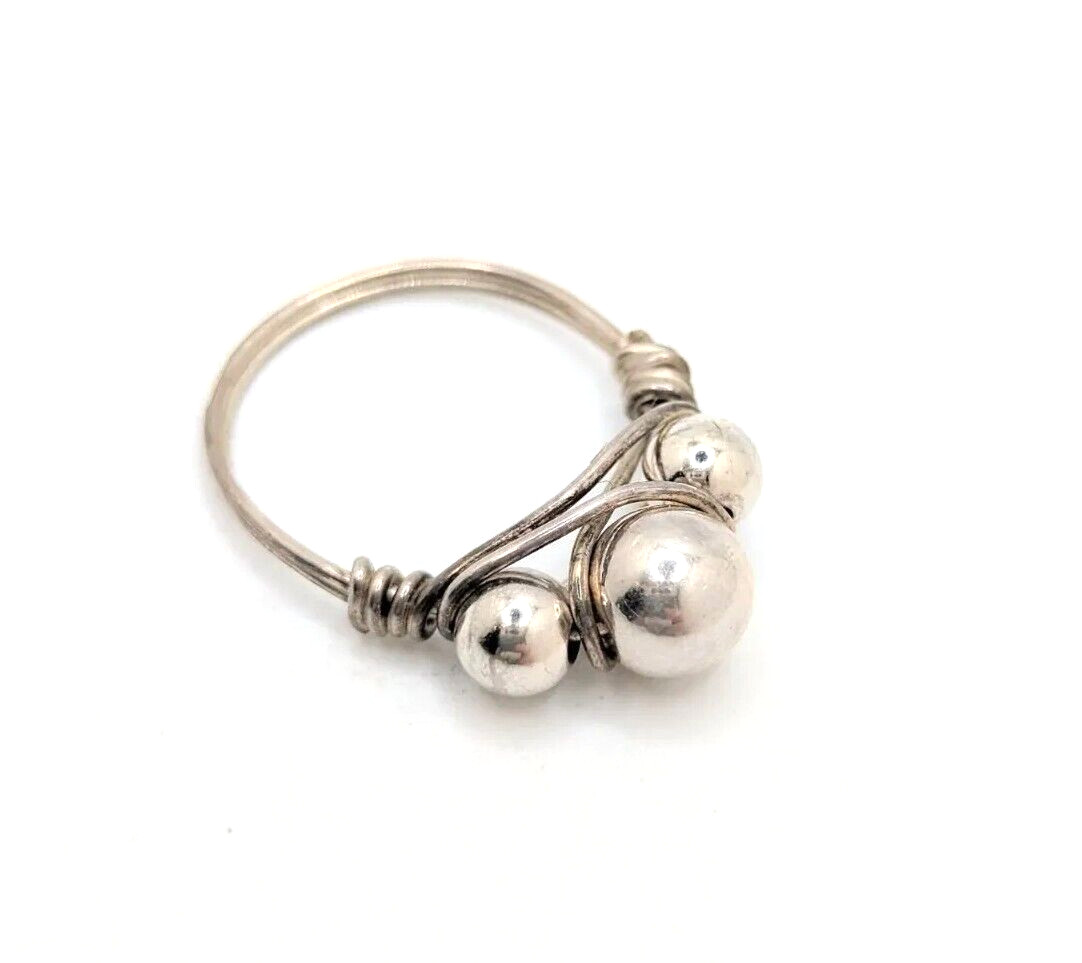 Vintage Handmade Sterling Silver Beaded Wire Wrap Ring Size 5.5 Gift for Her