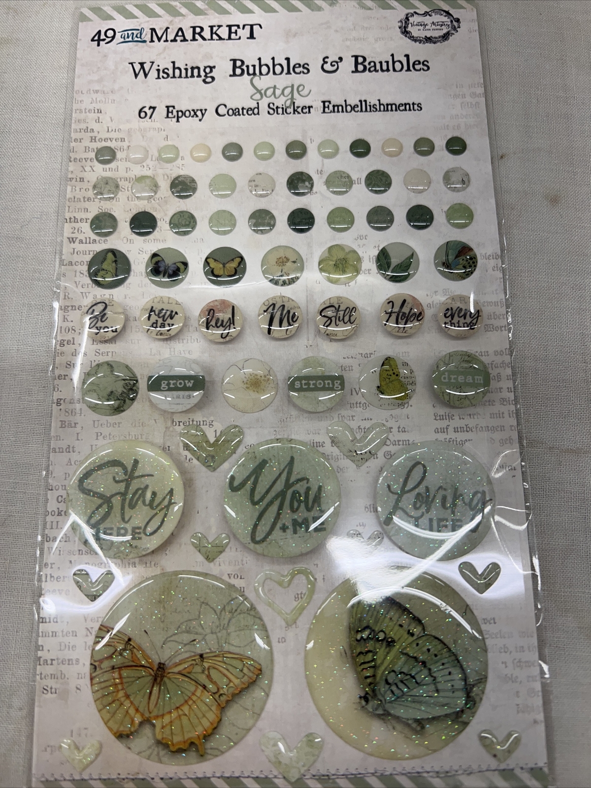 49 & Market  NIP Sage Wishing Bubbles And Baubles 67 PCs Epoxy Embellishments