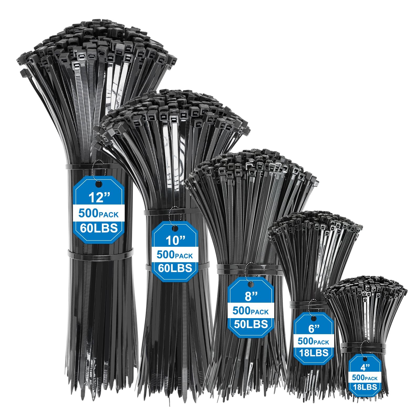 Zip Ties Assorted Sizes 2500 Pcs Black HeavyDuty UV Resistant Nylon Cable Manag