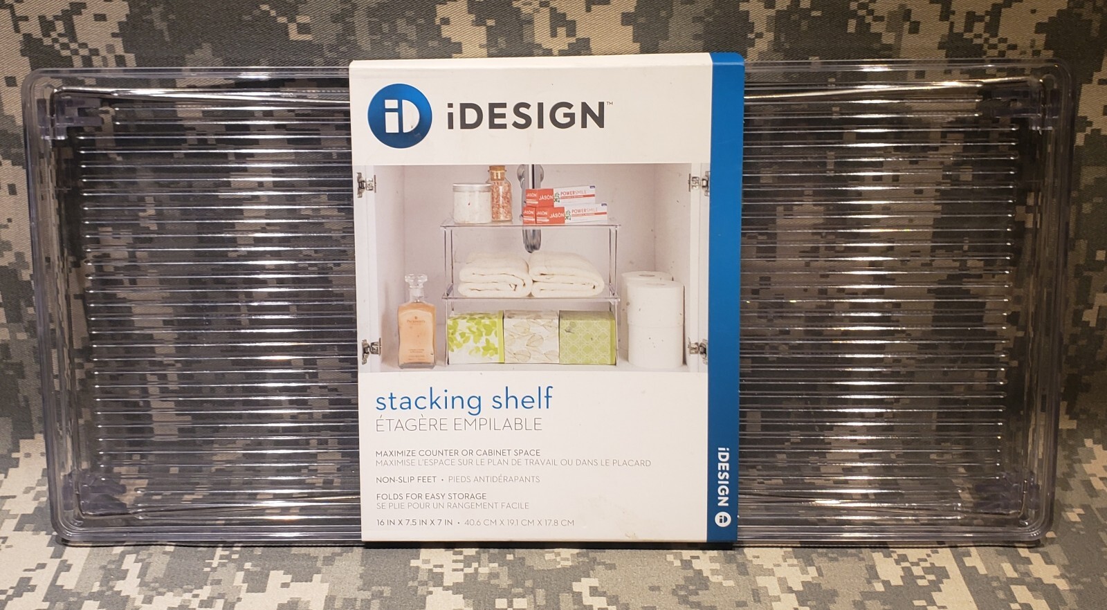 iDESIGN 16" MODERN CLEAR ACRYLIC SHELF ORGANIZER, HEAVY DUTY FOLDING STACKABLE