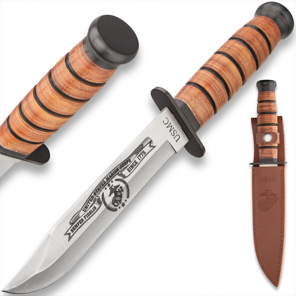 USMC Tribute Combat Knife and Sheath, 6 3/4” Stainless Steel Blade, Laser-Etched