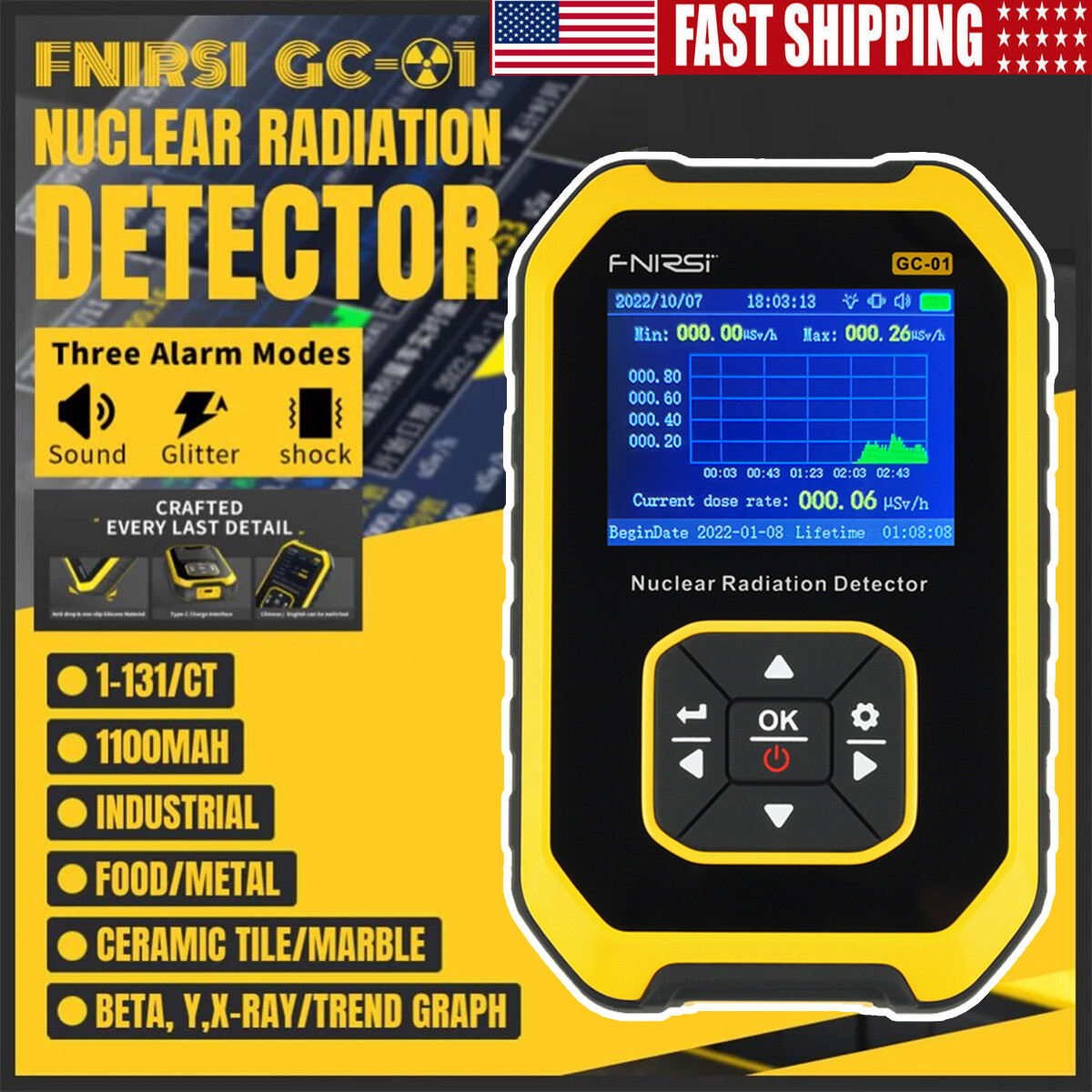 Nuclear Radiation Geiger Counter Tube Detector β, γ, X-Ray Dosimeter Monitor USA