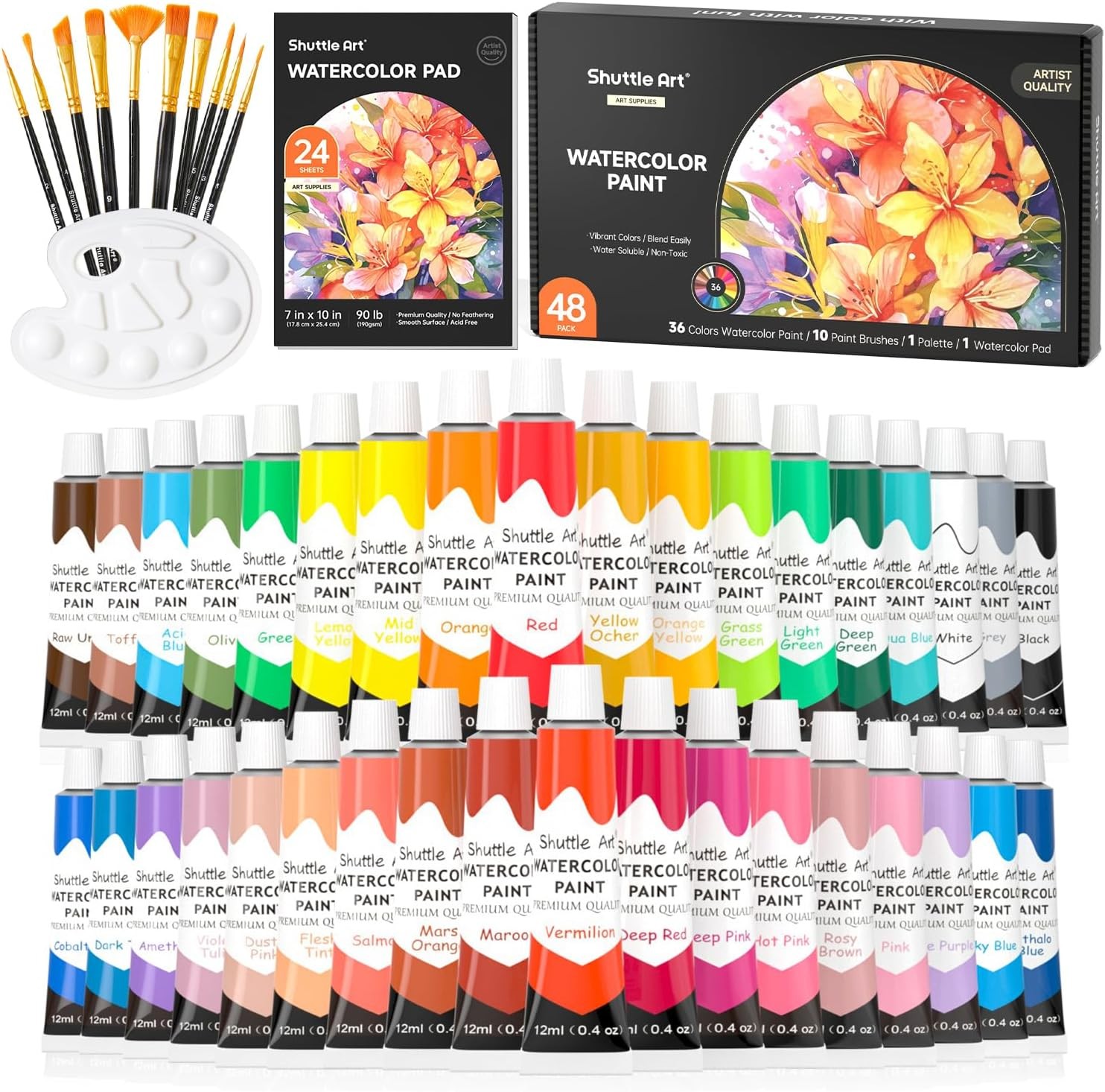 Shuttle Art 48 Pack Watercolor Paint Set, 36 Colors 48 Piece Assorted